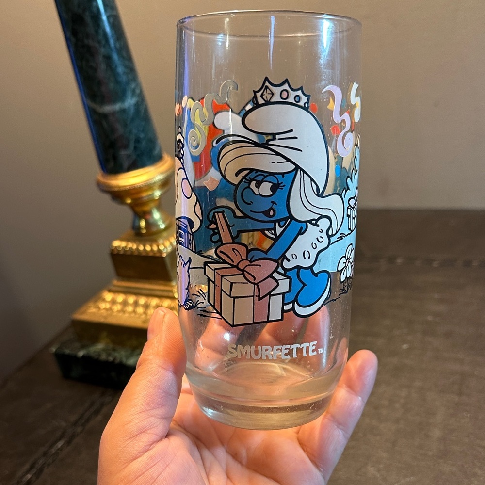 Vintage SMURF SMURFETTE Blue Glass Collector Tumbler